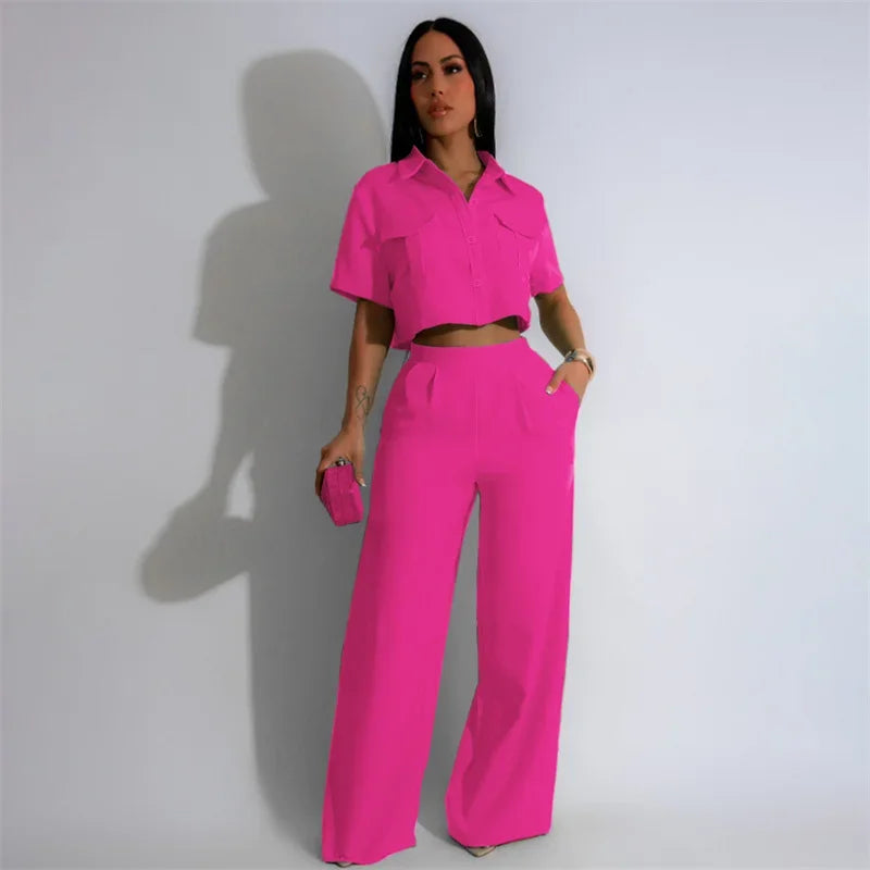 Conjuntos de pantalón elegante sólido de mujer, atuendo de 2 piezas para verano 2024, top de camisa con botones, cuello vuelto y bolsillos, y traje de pantalones de pierna ancha