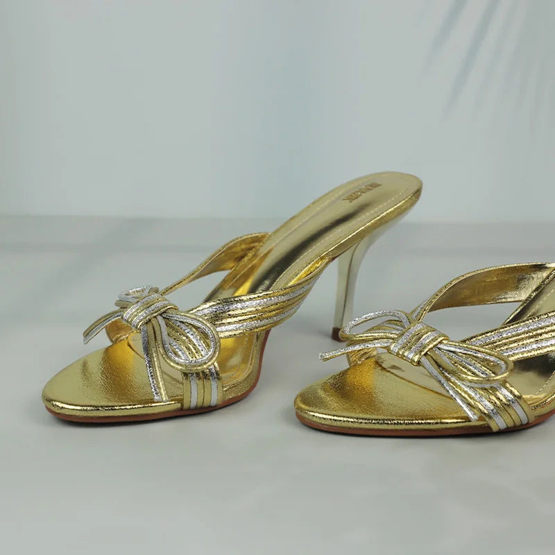 Mules à talons hauts dorées de luxe pour femmes, sandales à bout ouvert, élégantes, chaussures d'été à talons aiguilles, chaussures de soirée classiques avec nœud