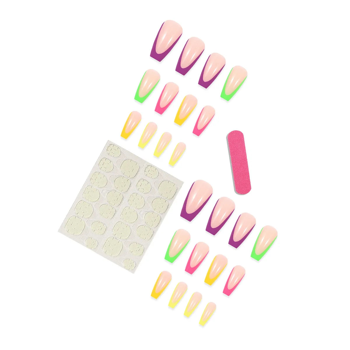 Uñas a presión francesas coloridas con diseños, uñas postizas a presión de cabeza cuadrada larga, pegamento simple portátil para uñas, uñas postizas