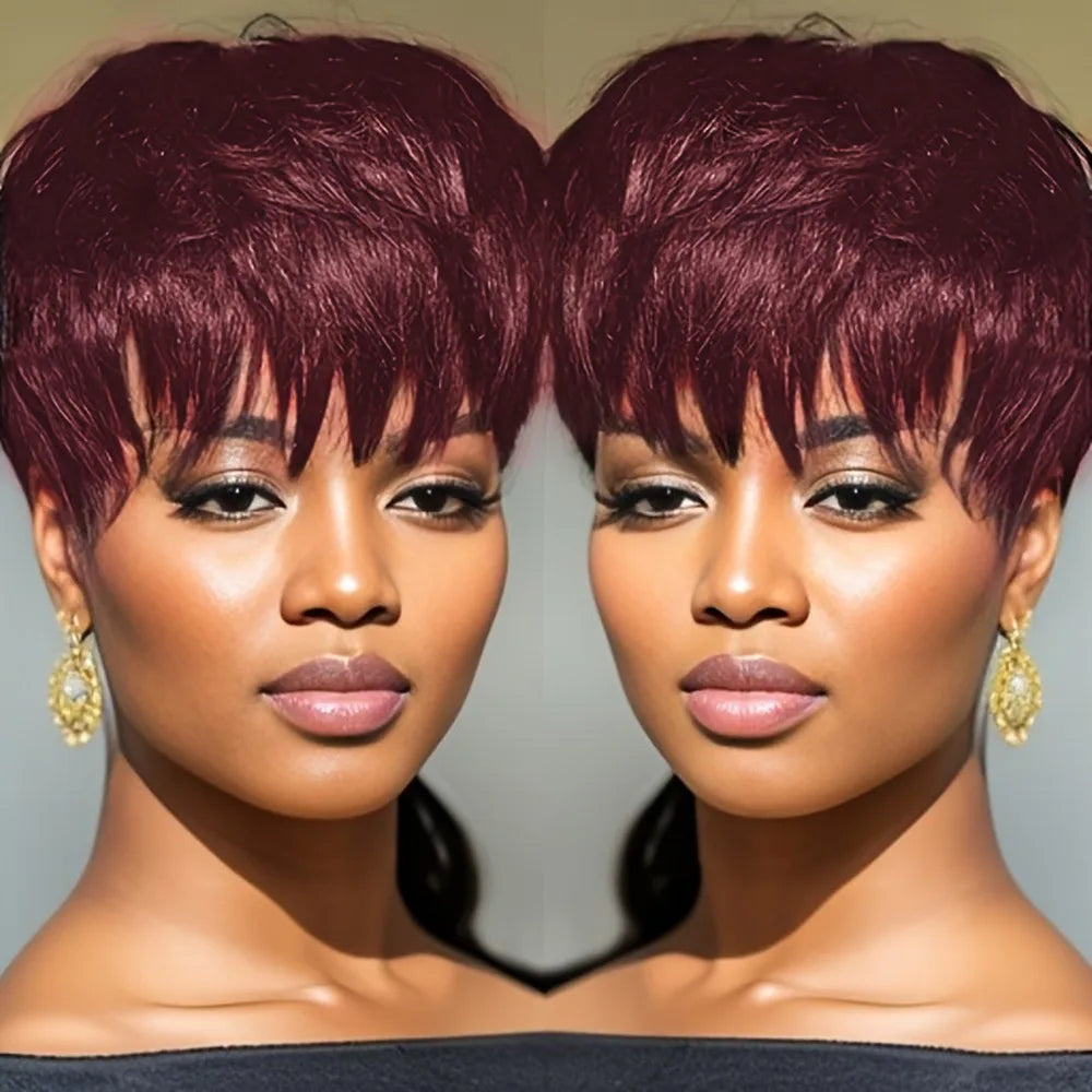 Perruques de cheveux humains brésiliens courts et lisses, coupe pixie 6 pouces, densité 150%, couleur marron 99J, fabrication à la machine, pour usage quotidien