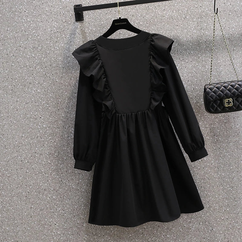 Plus Size Dresses Women Autumn New Arrivals Long Puff Sleeve Black V Neck A Line Dress Large Size Women Clothing Dress