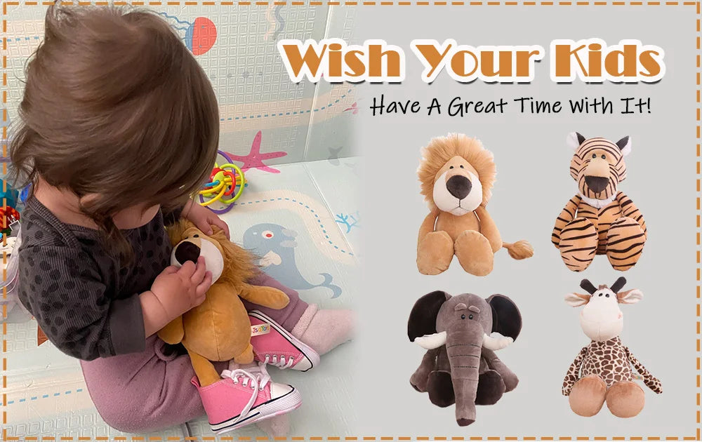 Peluches Animaux Jouets Poupées Douces Jungle Lion Éléphant Tigre Chien Renard Singe Cerf Enfants Cadeau Kawaii Bébé Enfants Hobbie Jouets