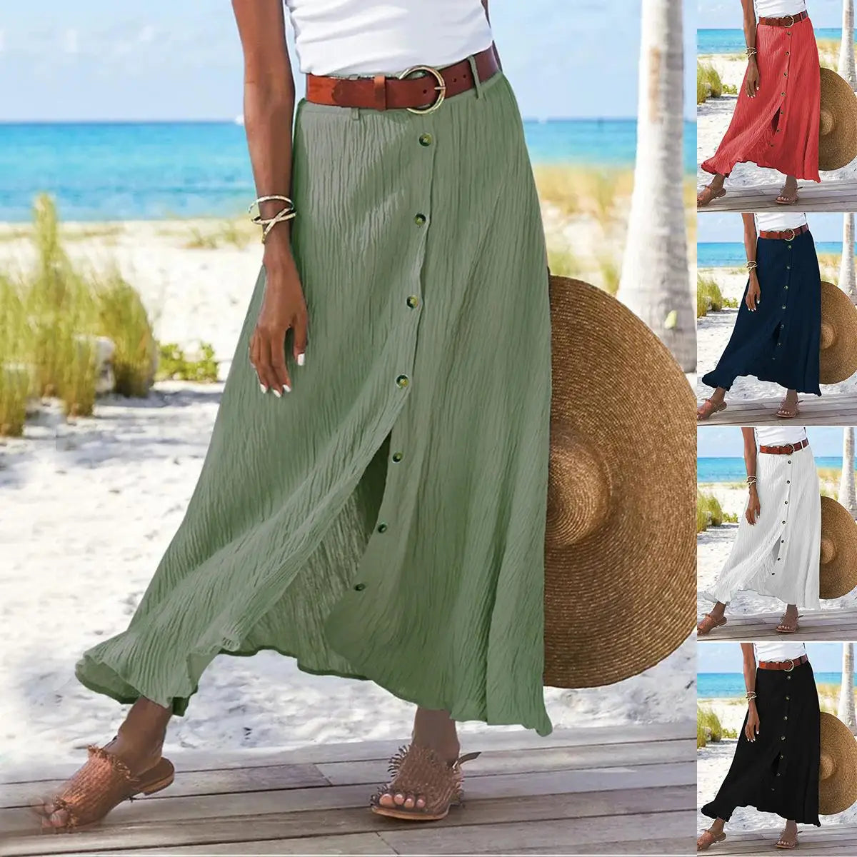 Women Skirt Spring Summer New Fashion Casual Cotton And Linen Solid Color Buttons Skirt Split A- Line Hip Waist Long Skirt