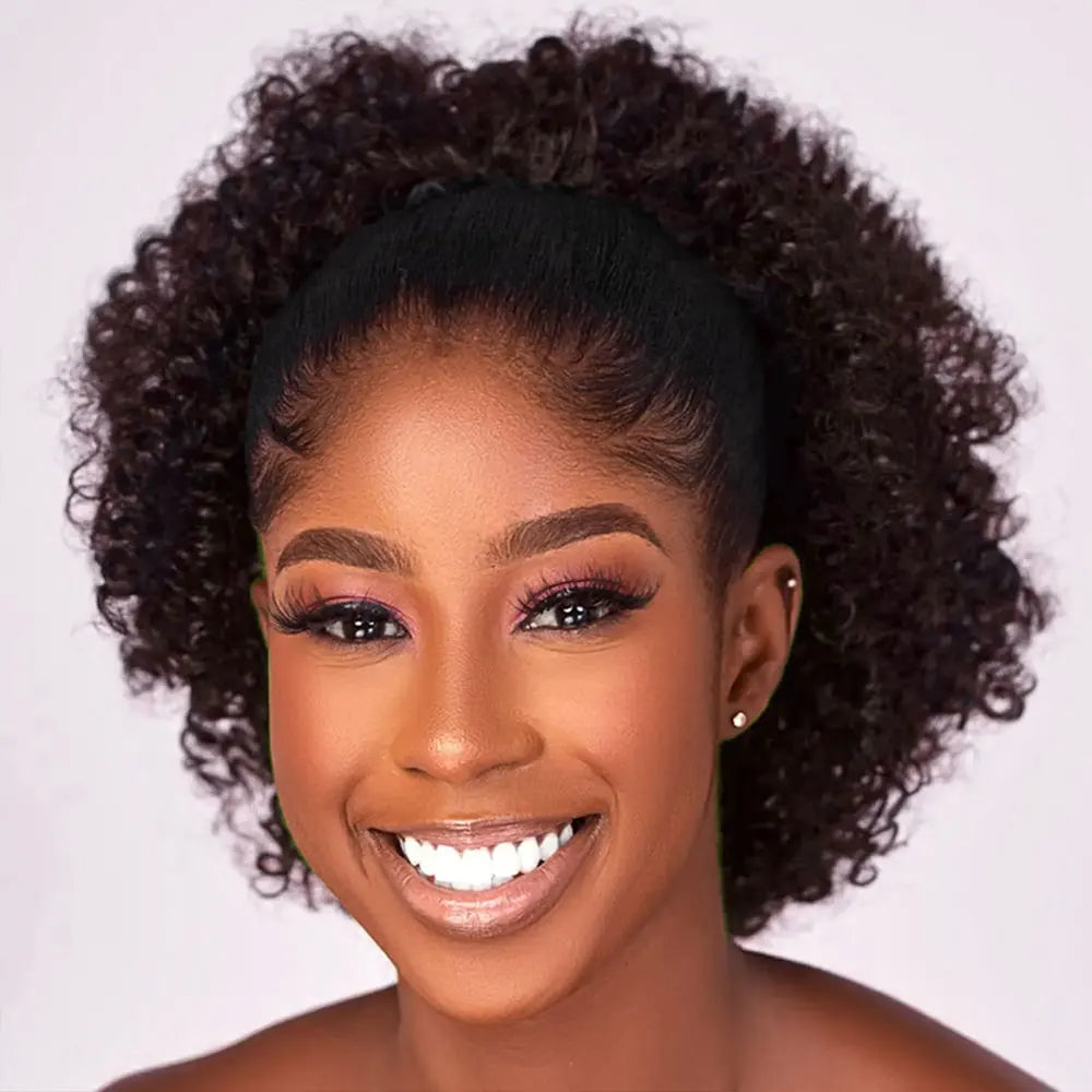 Afro Puff Crépu Bouclé Queue de Cheval à Cordon Extension Chignon pour Femmes Noires Perruque Courte Synthétique Afro Crépu Bouclé Postiche Cheveux Afro
