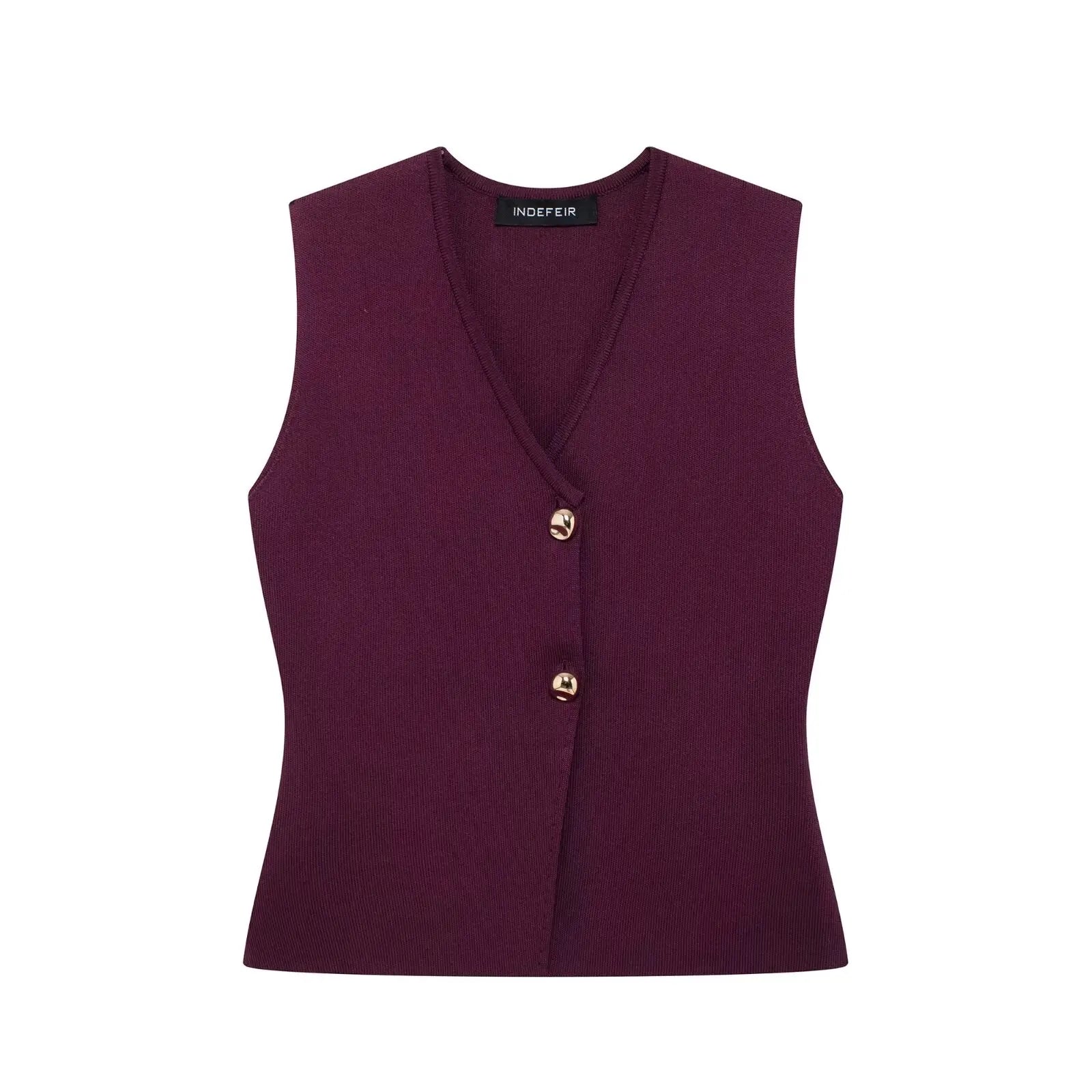 TRAFZA Conjunto de Falda de Mujer de Punto Rojo Vino con Chaleco sin Mangas con Cuello en V Ajustado + Falda Larga Sólida de Cintura Alta con Cremallera y Retazos Estilo Urbano