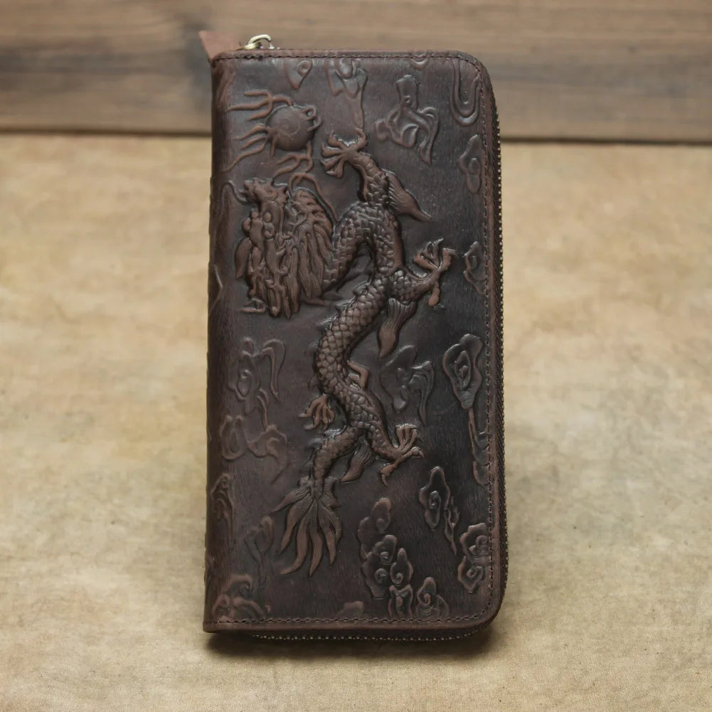 Billetera de lujo para hombre, cartera de mano de cuero genuino, monedero largo grabado en relieve, carteras de hombre de cuero grueso, carteras de mano de cuero para dinero