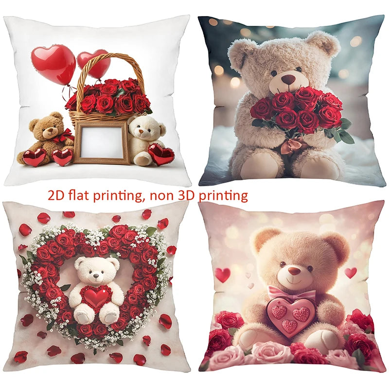 Teddybjørn Rose Hjerte Puter 2D Flat Print Polyester Putetrekk, Sofa Dekorativ Putetrekk Hodegavl Pute