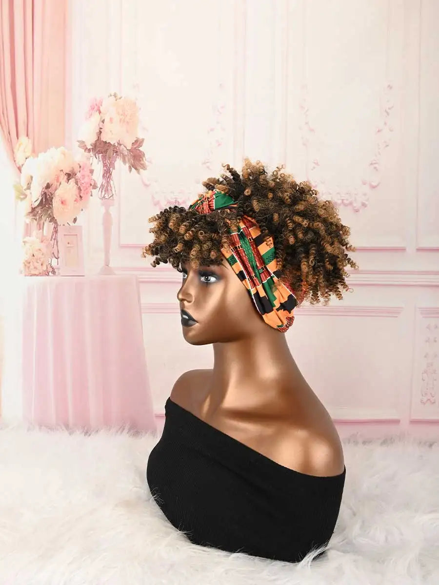 Headband Wig Curly Headband Wig With Bangs For Women Synthetic Afro Curly Hair Wig With Headband Attached Short Kinky Curly Afro High Puff With Bangs Stripes Short Red Curly Wigs with Bangs for Women, Natural Wavy Synthetic H