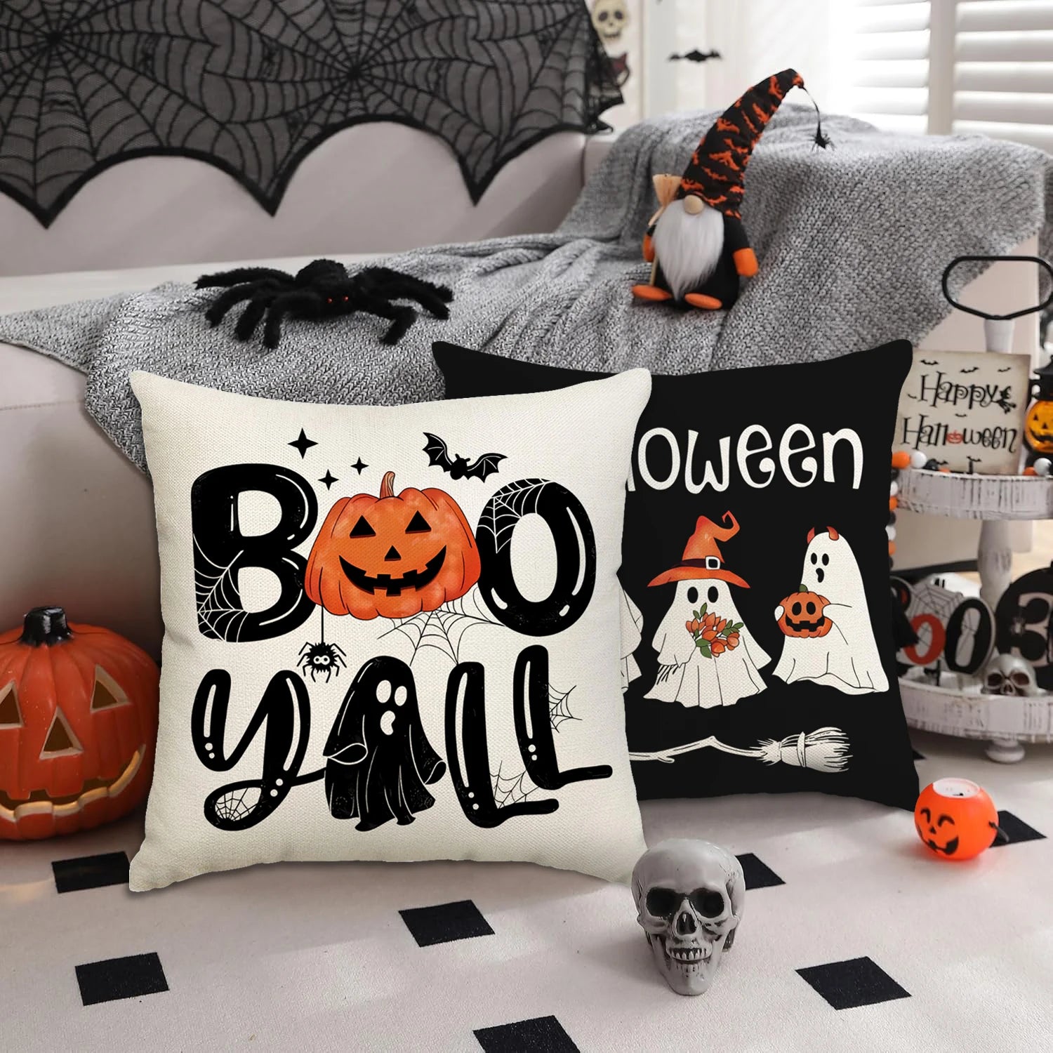 1 ud./4 Uds. Funda de almohada decorativa de Halloween, funda de cojín de truco o trato, fantasma, cabeza de calabaza, funda de cojín de sofá con decoración de murciélago