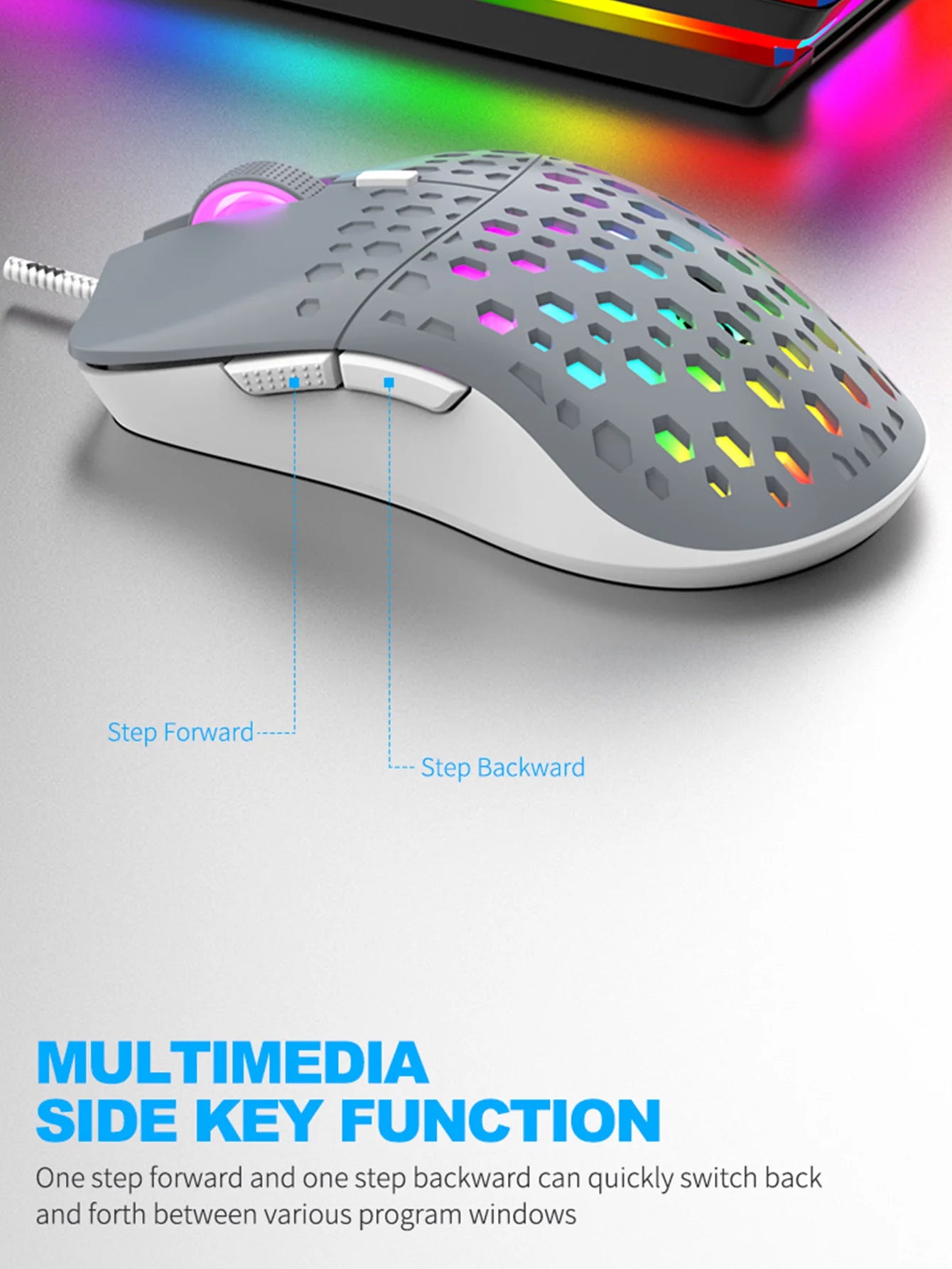 Ratón inalámbrico para juegos, efecto de luz deslumbrante y colorido, DPI variable, ratón perforado con diseño de panal de abeja a la moda