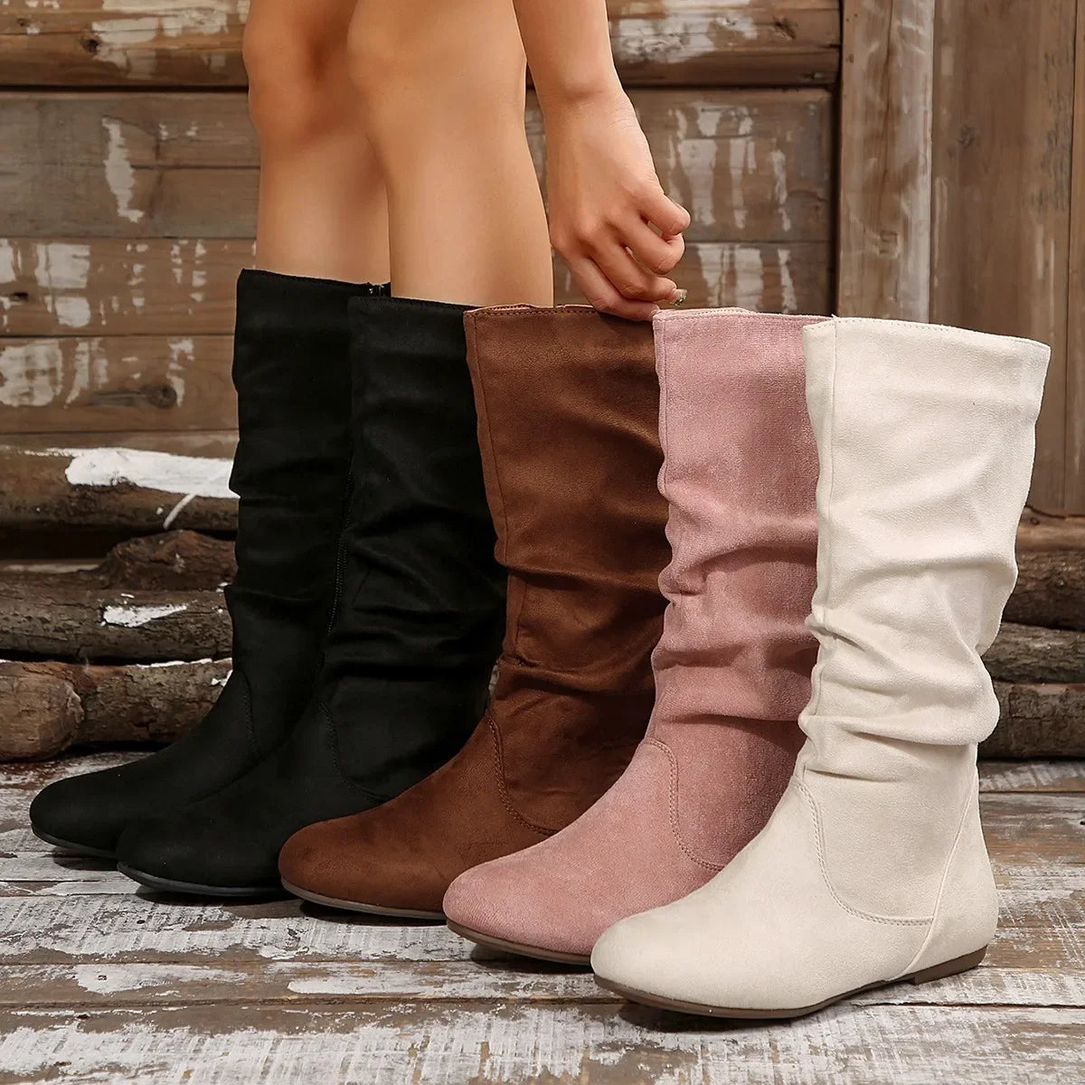 New Shoes for Women Spring Knee High Boots Black White Tall Boots Woman Pleated Low Heel Casual Leather Female Long Shoes
