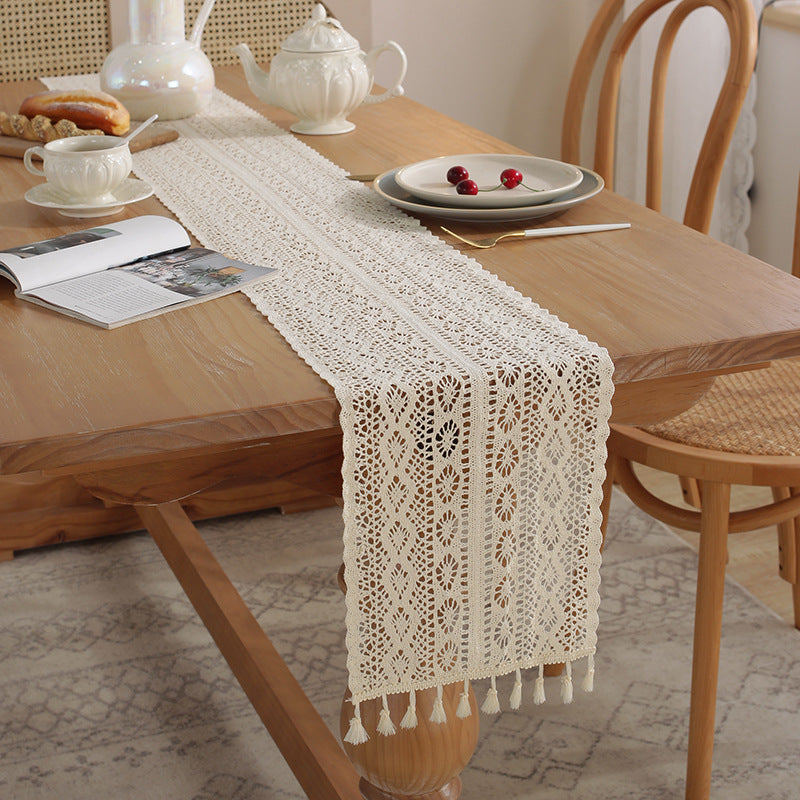 Camino de mesa beige, navideño, de encaje de ganchillo, tela de mezcla de algodón con borlas para la decoración de la mesa de centro y bodas.