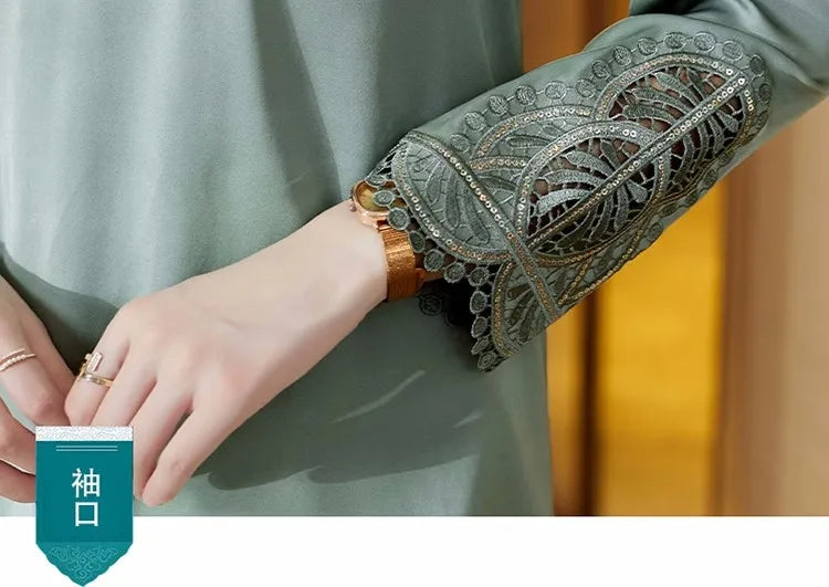 Moda Mujer Blusas de Seda Primavera Otoño Camisas de Manga Larga Bordadas Elegantes Tops de Diseño Retro para Oficina