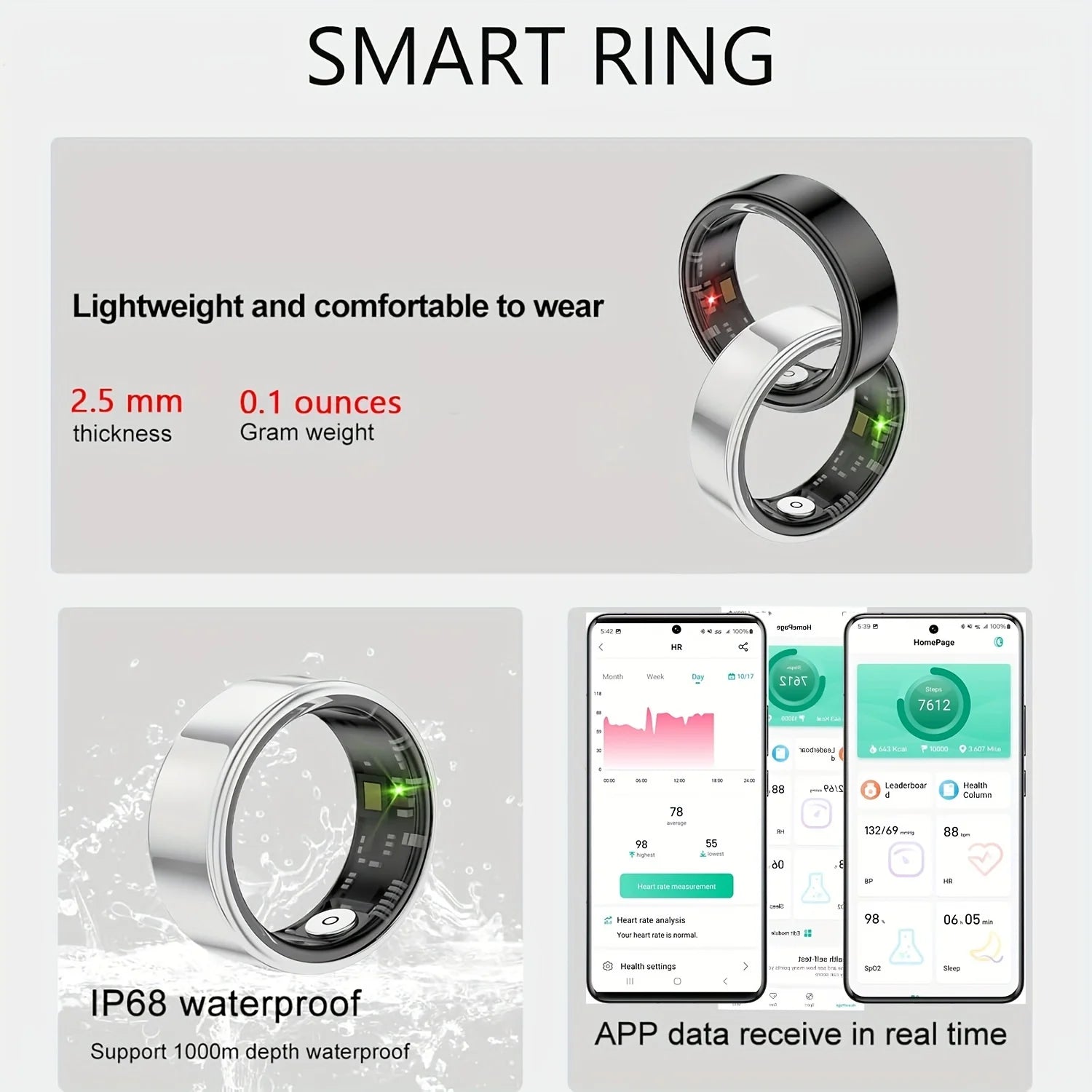 Anillo inteligente, seguimiento del sueño, monitoreo de movimiento, compatible con iPhone y Android, regalo inteligente, adecuado para mujeres y hombres