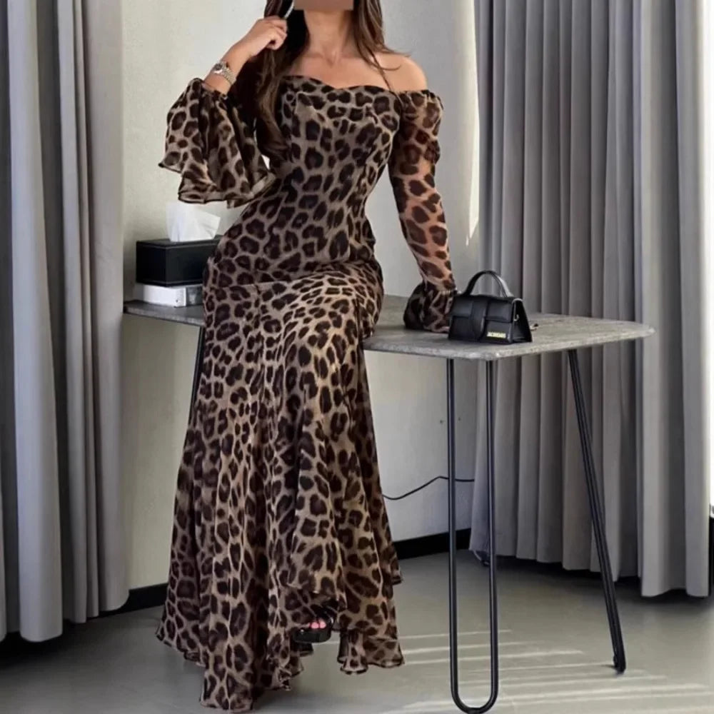 Robe longue à manches longues et décolleté en une ligne pour femme, nouvelle mode automne et hiver, imprimé léopard, sexy, épaules dénudées