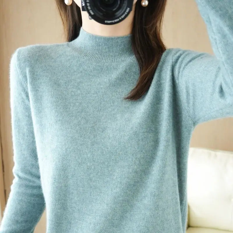 Suéter de mujer otoño invierno, camisas base cálidas casuales, cuello simulado, tejido básico, jerséis de manga larga, moda coreana