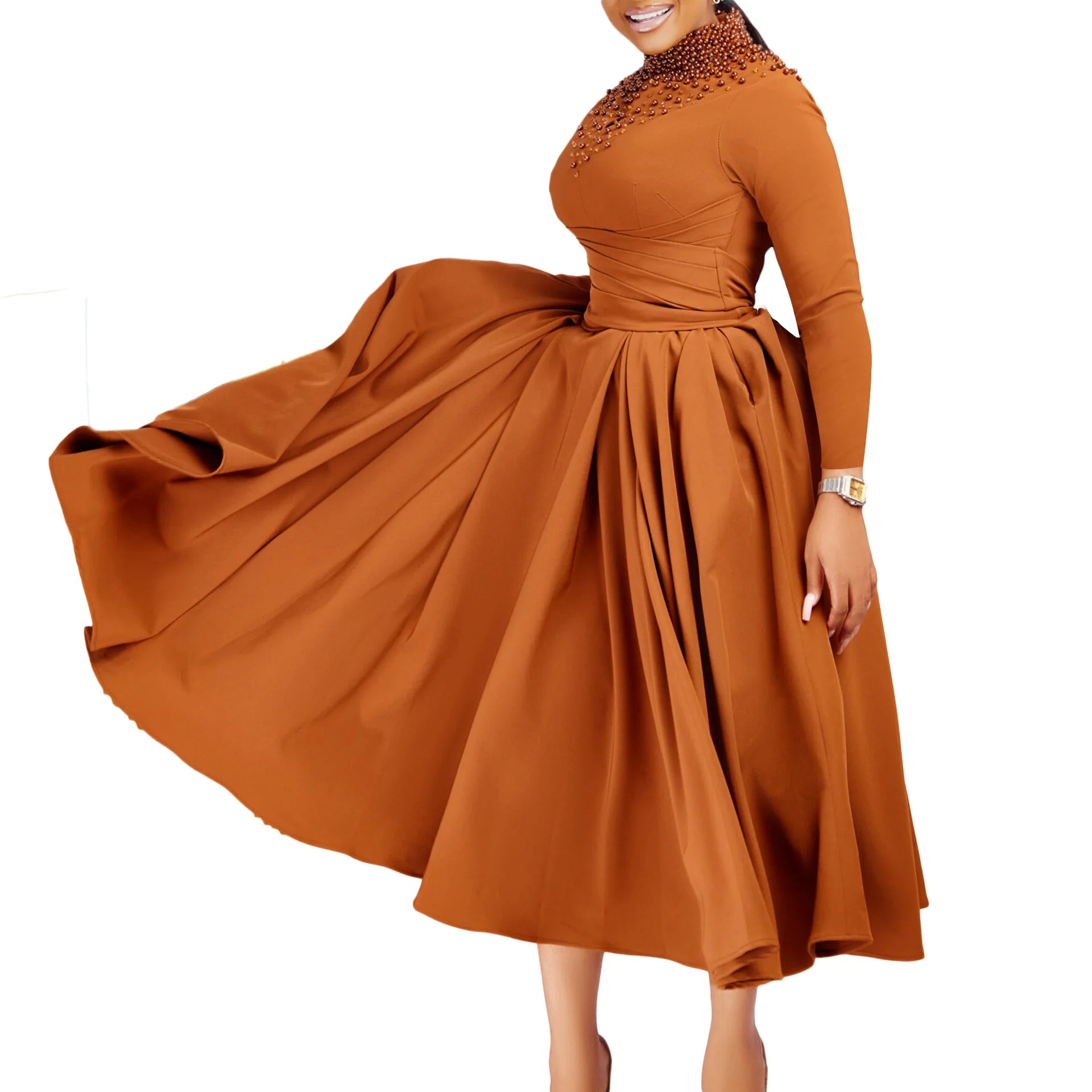 Vestido Elegante Africano para Mujer, Vestidos de Noche con Cuello Alto y Cuentas a la Moda, Vestido Delgado de Temperamento para Mujer, Vestidos Casuales de Manga Larga