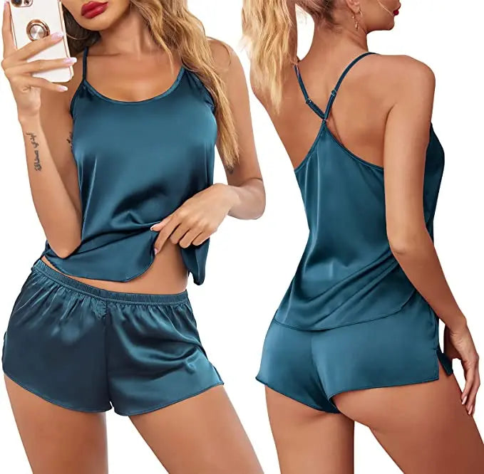 Conjuntos de pijama de satén y encaje sexy para mujer, ropa de dormir, tops sin mangas + pantalones cortos, conjuntos de 2 piezas de pijama para mujer