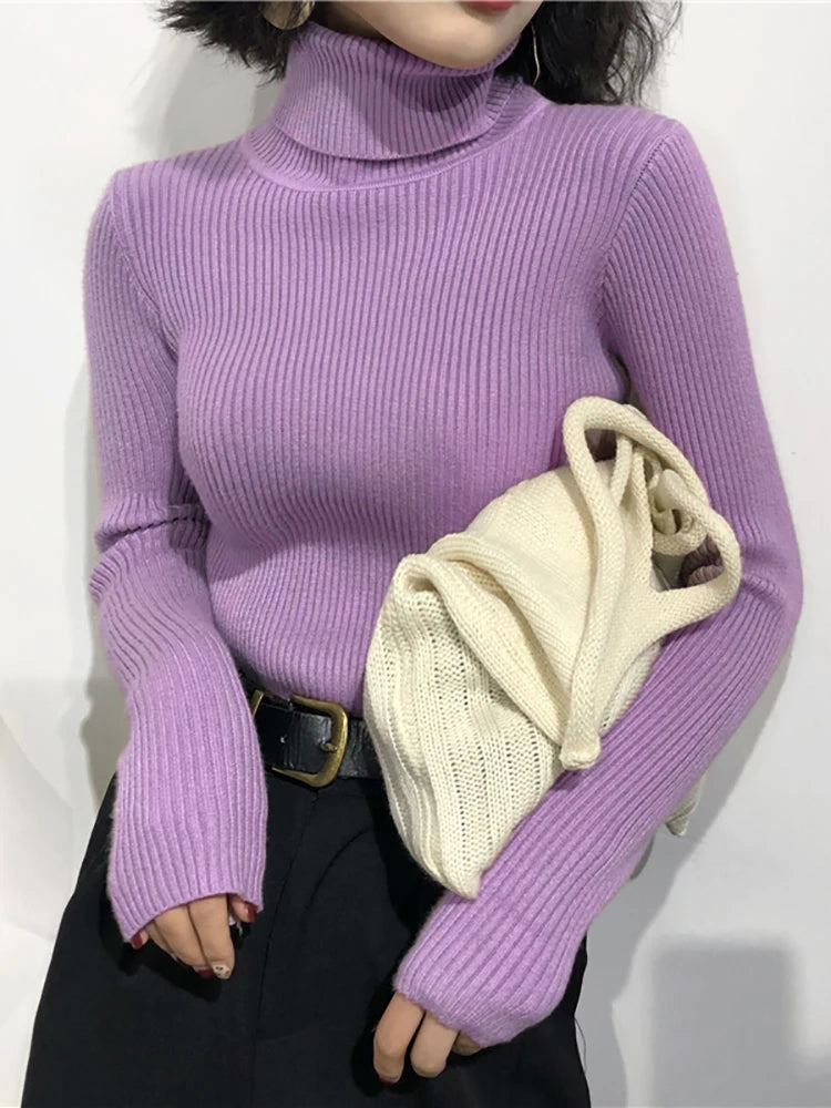 Jersey de cuello alto para mujer, blusa de otoño e invierno, jersey coreano ajustado para mujer, suéter de punto, jersey para mujer, invierno