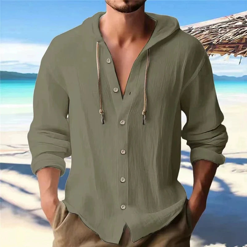 Camisa de Lino para Hombre Lisa Estilo Urbano Manga Larga Sudadera con Capucha Cárdigan Ropa para Hombre Camisas con Botones Casual Holgado con Capucha
