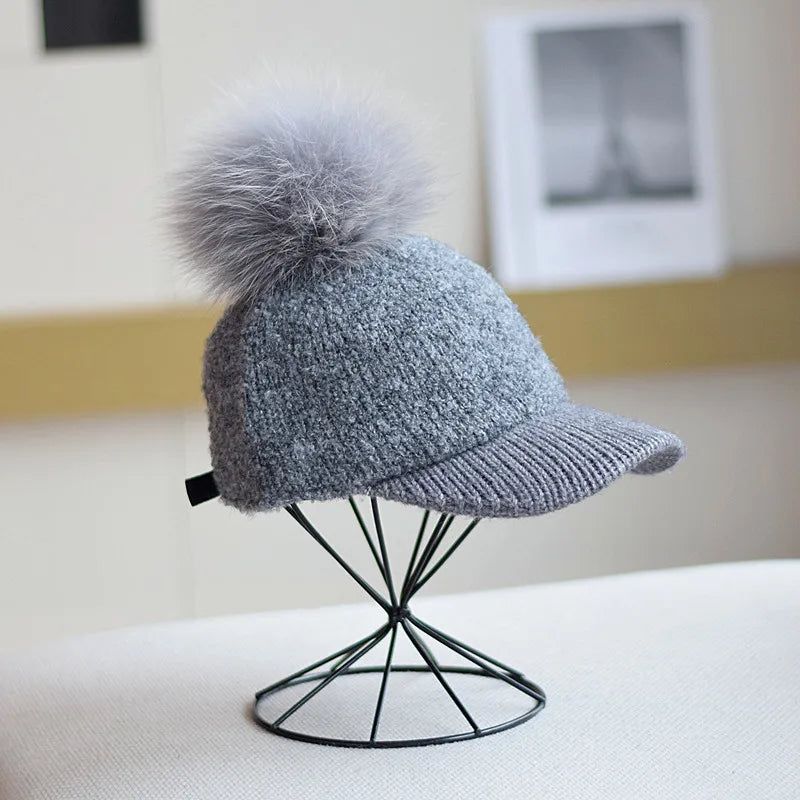 Gorra de béisbol unisex de invierno de moda para mujer, gorro de papá de lana de cordero de lujo con pompón de piel, gorra de papá cálida para invierno al aire libre de Hip Hop