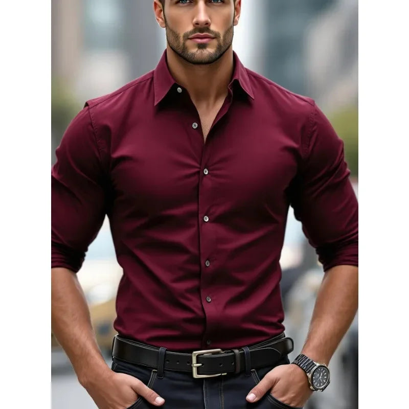 Men's Shirt Brand New Solid Color Long Sleeve Smart Casual Four Season Elastic Male Business Shirts