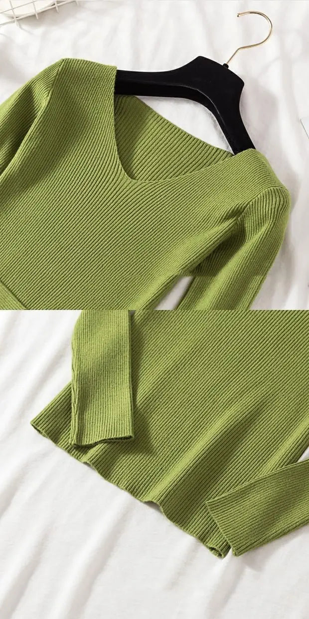 Suéter de mujer nuevo otoño invierno de manga larga jersey básico top de moda cuello en V elástico femenino invierno de punto sólido