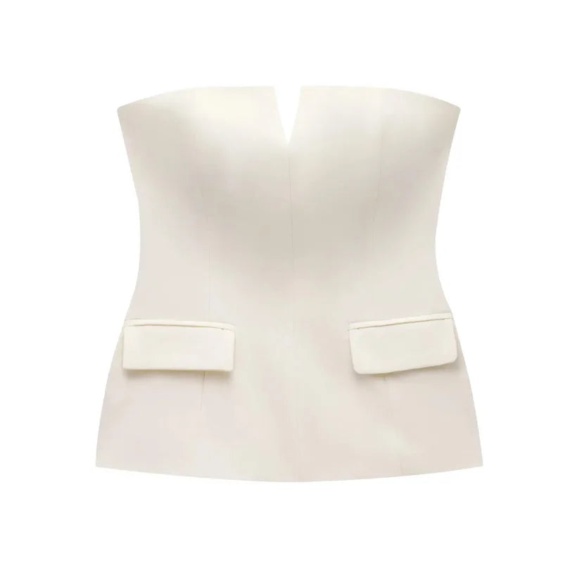TRAF Tops para mujer Top corto sin tirantes blanco roto Corsé de verano para mujer Tops de tubo sexys sin espalda Camiseta sin mangas de color liso