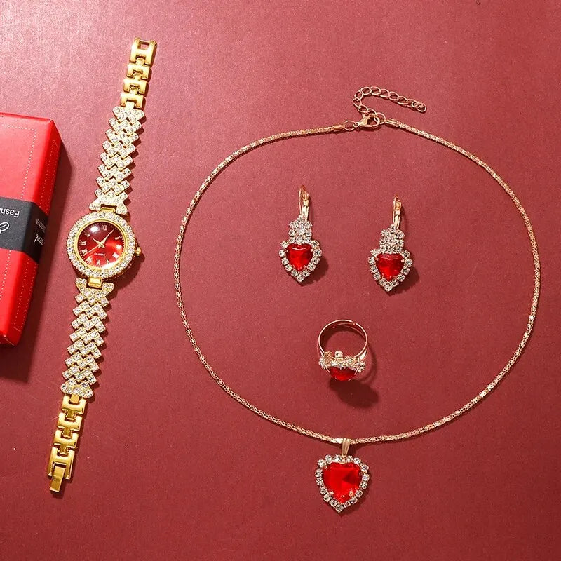 Reloj de lujo dorado, anillo, collar, pendientes para mujer, reloj de pulsera de diamantes de imitación a la moda, conjunto de joyas con pulsera para mujer casual