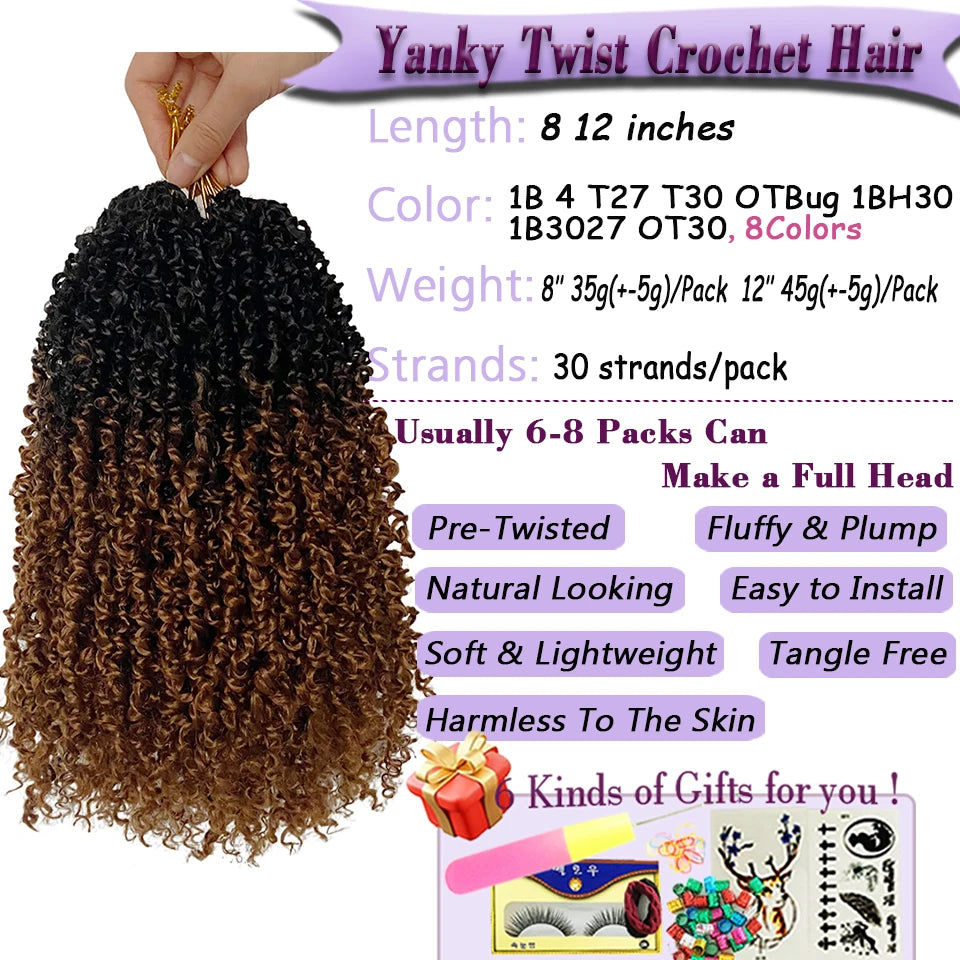Jayfans 12 8 pulgadas Cabello de ganchillo Yanky Twist preenrollado Bohemian Passion Twist Spring Mini Twist Crochet Hair para mujeres y niñas negras