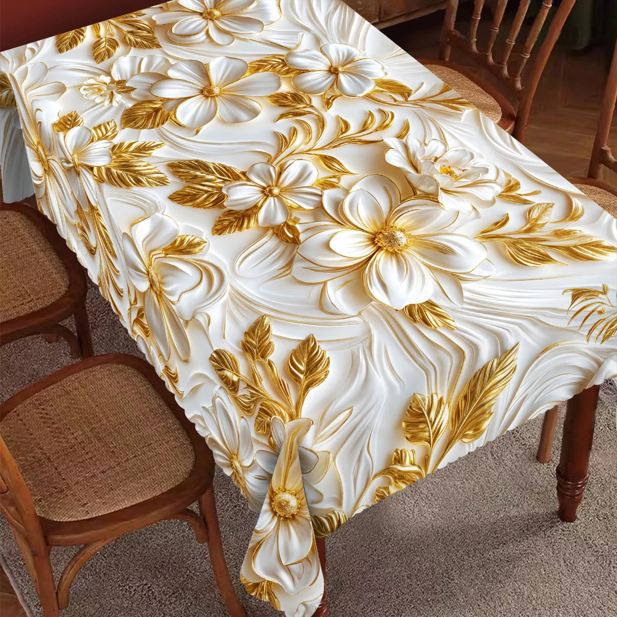 1 Piece of Retro Floral Round and Rectangular Tablecloths, Available in Various Sizes, 3D Stereo Gold Floral Pattern Printing Design, Spring and Summer, Suitable for Home Kitchen, Tablecloths for Banquets, Easter, Wedding Sea