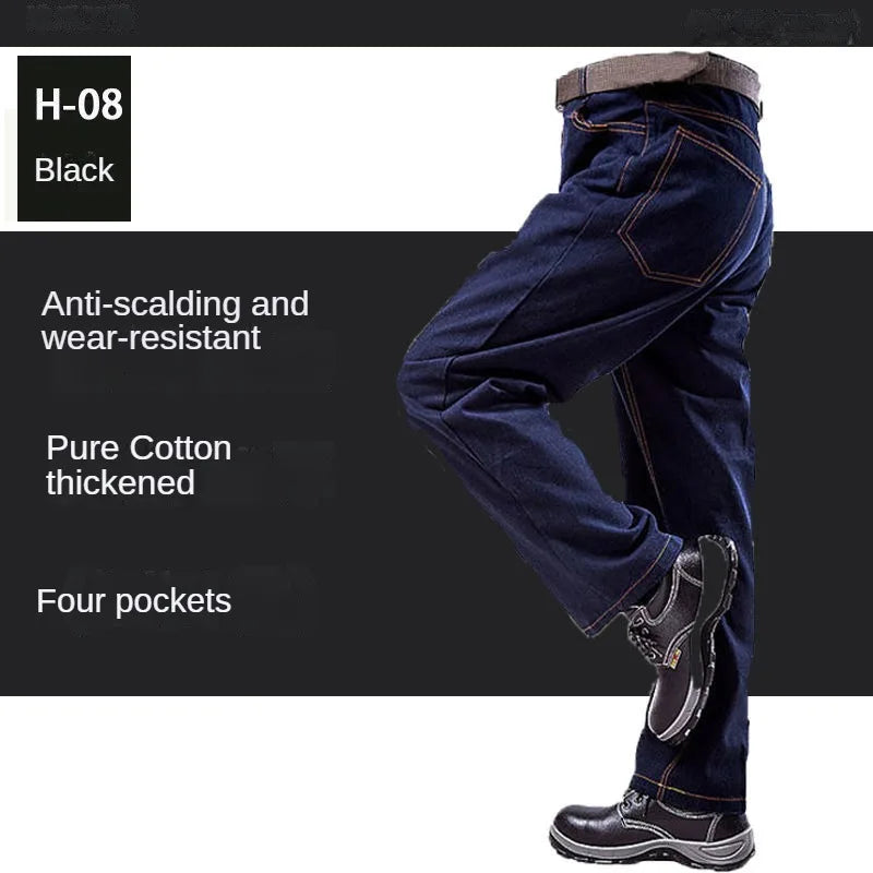 Peto pantalón ropa de hombre pantalones resistentes al desgaste anti-escaldaduras engrosamiento algodón ropa de trabajo de mezclilla pantalones de trabajo múltiples bolsillos