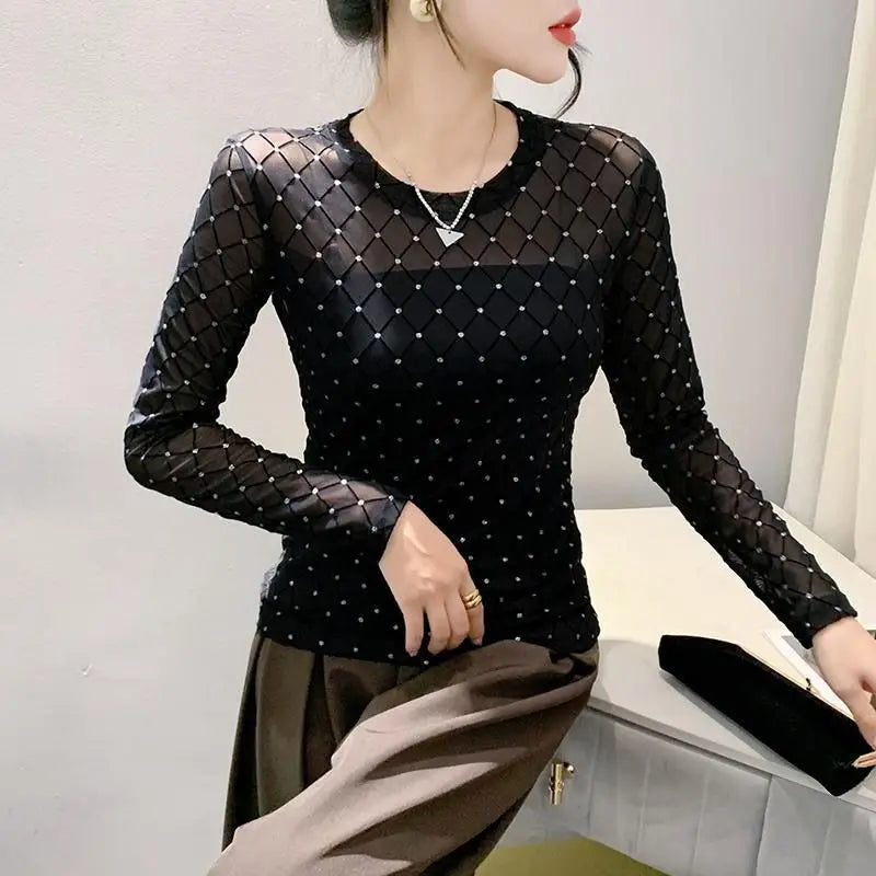 Women Clothing Spring Autumn Korean Fashion Sexy See Through Mesh Rhinestone Basic T Shirt Elegant O Neck Long Sleeve Slim Tops