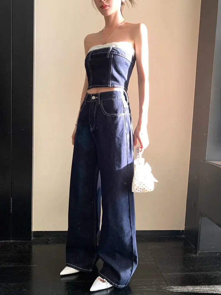 Conjunto de pantalón de mujer Verano Azul Contraste Top sin tirantes Chica Caliente Pantalones vaqueros de talle alto Adelgazantes Conjunto de dos piezas Ropa de mujer