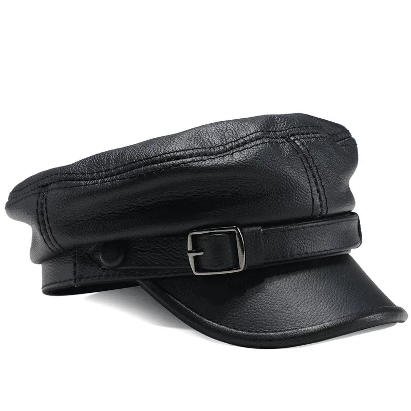 Sombrero de marca de lujo para mujer y hombre, gorras militares negras de cuero auténtico, sombreros planos para estudiantes, gorras de capitán ajustables para otoño e invierno