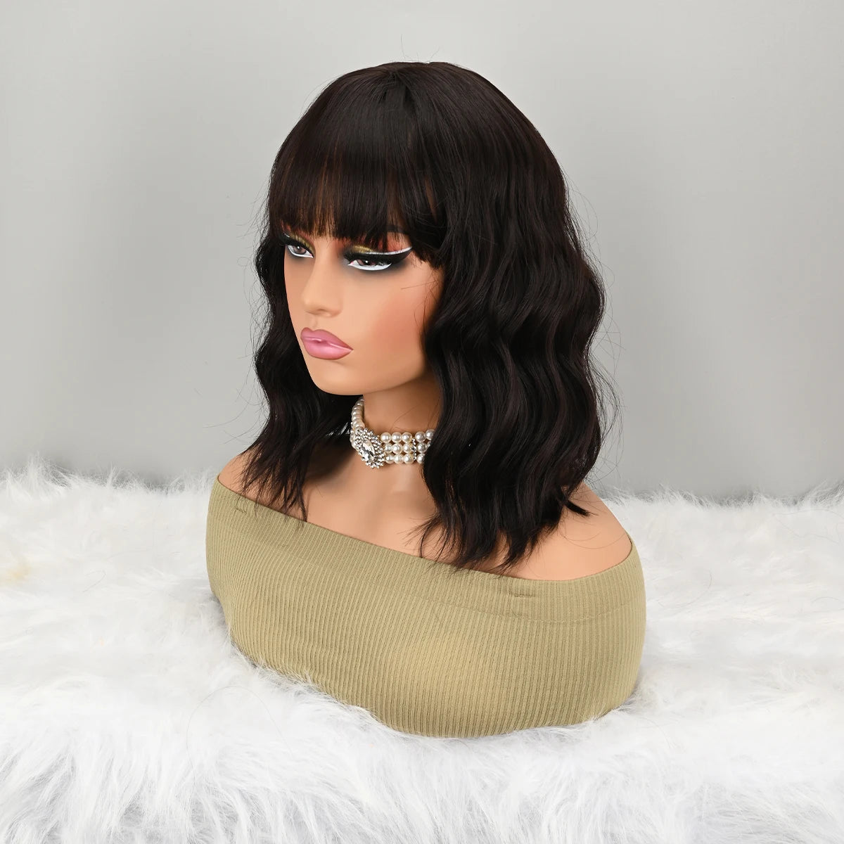 Natural Brown Synthetic Curly Wavy Bob Wig with Bangs for Women