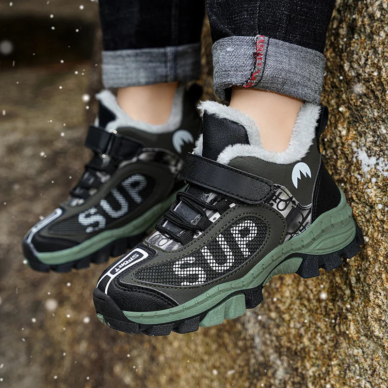 Winter Plus Velvet Hiking Shoes For Kids Non-slip Platform High Top Sports Shoes Boys Outdoor Warm Plush Children's Sneakers