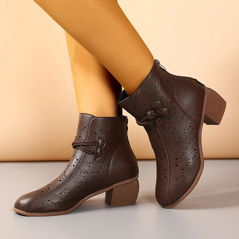 Women’s Hollow-Out Ankle Boots – Retro Mid-Heel Soft Sole Shoes