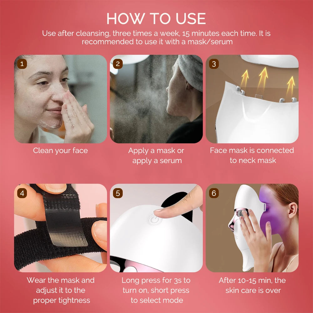 Mascarilla facial LED de 7 colores para rejuvenecimiento facial y de cuello con fotones, blanqueamiento, estiramiento, recargable, para el cuidado de la piel y el cuello, tratamiento de belleza