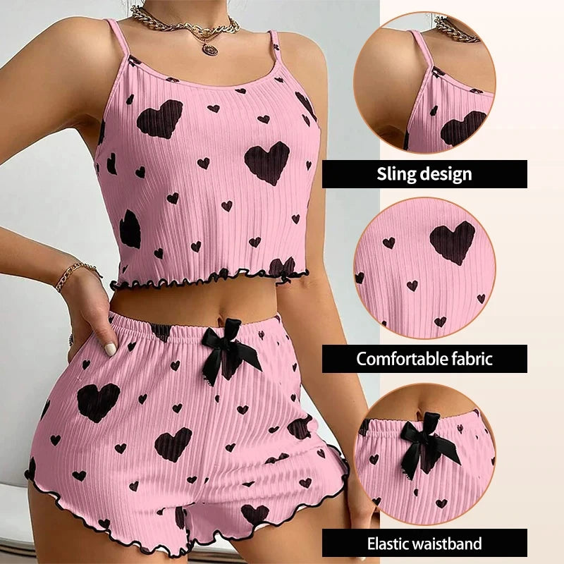 Ensemble pyjama 2 pièces pour femme, débardeur court et short, taille SML, blanc, respirant, doux, décontracté, imprimé Love