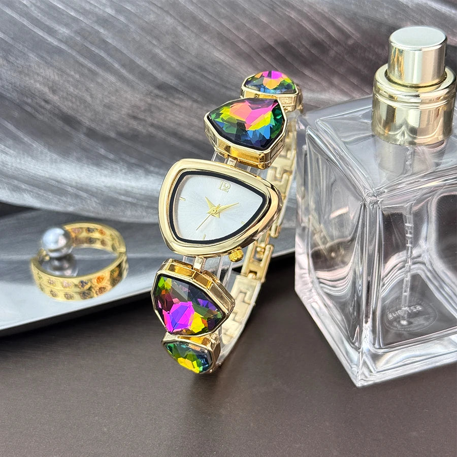 Reloj de cuarzo vanguardista de moda con esfera de patrón solar simple, pedrería brillante de forma irregular y diseño especial para mujer