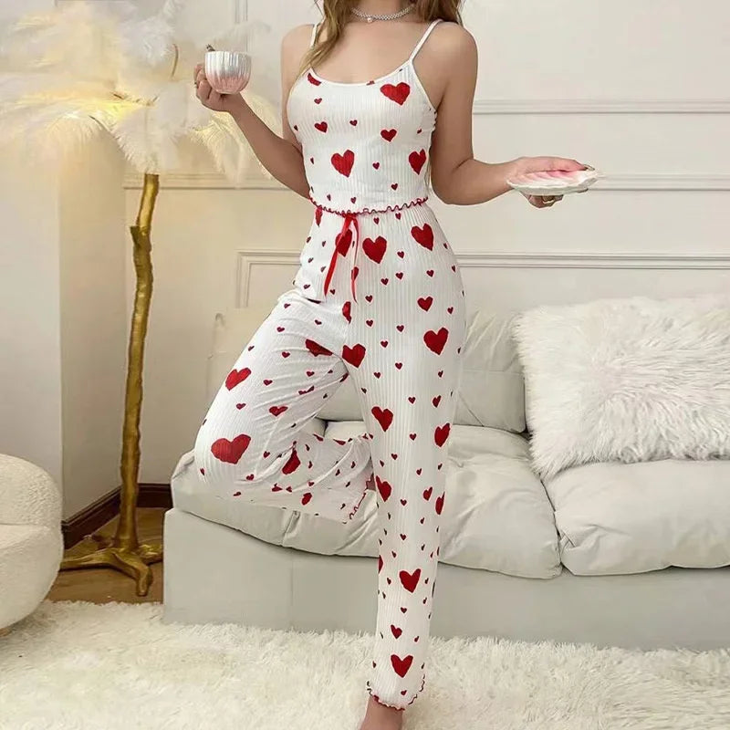 Ropa de dormir para mujer, conjuntos de pijamas de otoño e invierno, chaleco sin mangas con estampado de corazón y pantalón largo, conjunto de lencería sexy y pijamas