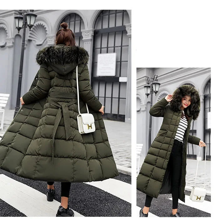 Chaqueta larga de algodón para mujer, parkas, abrigo, nueva, invierno, hasta la rodilla, suelta, con cuello grande de piel, con capucha, cálida, gruesa, parkas para mujer, abrigo acolchado