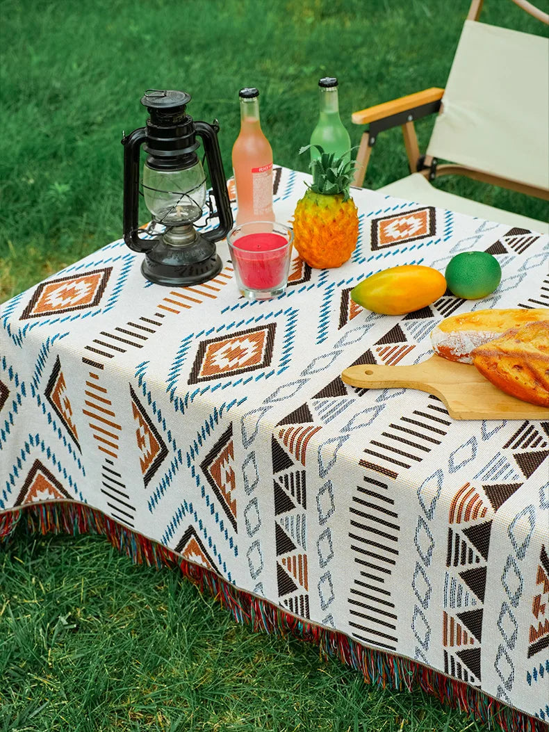 Mantel rectangular colorido estilo bohemio de tela de algodón y lino, mantel de decoración para camping al aire libre con diseño geométrico simple
