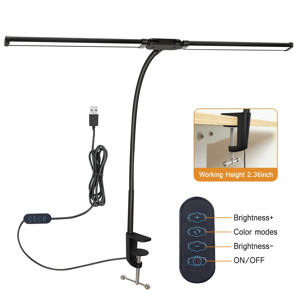 Lámpara de Escritorio LED de Uno o Dos Cabezales con Atenuación Continua, 3 Colores, Cuidado Ocular para el Hogar, Oficina, Luz de Lectura, Lámpara Flexible Ajustable