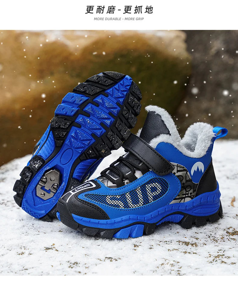 Winter Plus Velvet Hiking Shoes For Kids Non-slip Platform High Top Sports Shoes Boys Outdoor Warm Plush Children's Sneakers