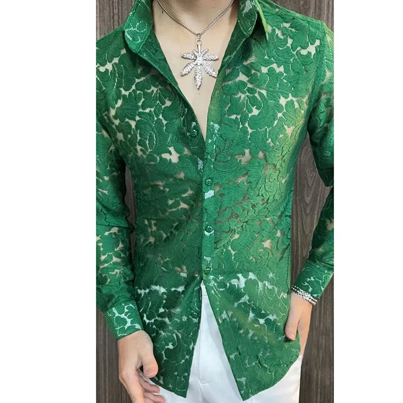 Men's Slim Fit Shirt Spring Transparent Long Sleeved Shirt Men Nightclub Sexy Casual Social Party Singer Shirt