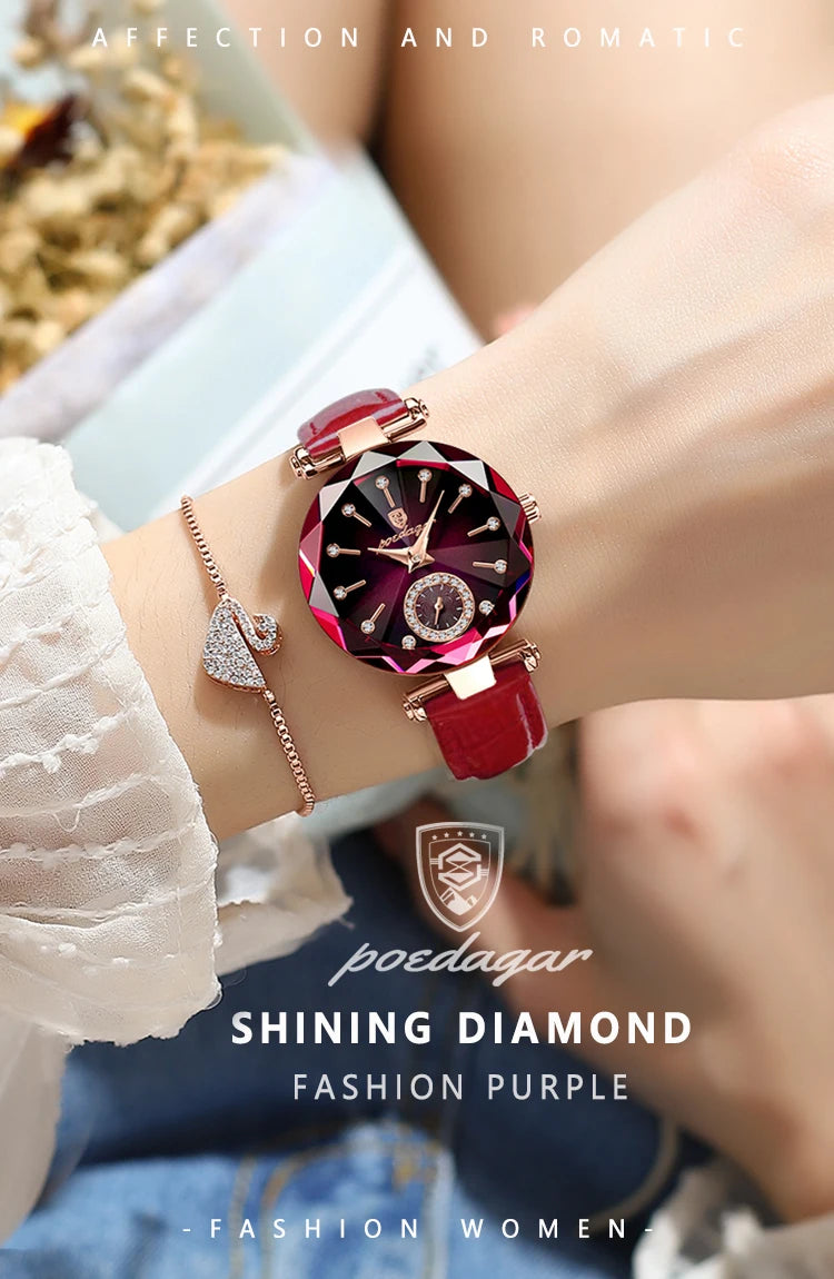 POEDAGAR Relojes de mujer, moda, esfera de diamante, cuero, cuarzo, marca superior de lujo, resistente al agua, reloj de pulsera para mujer, regalo para novia