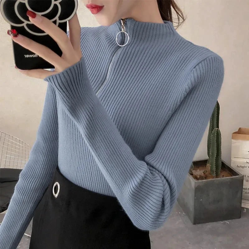 Suéter de punto para mujer con cremallera, cuello medio alto, jerséis de otoño e invierno, suéteres básicos de mujer, prendas de punto ajustadas, tops de mujer