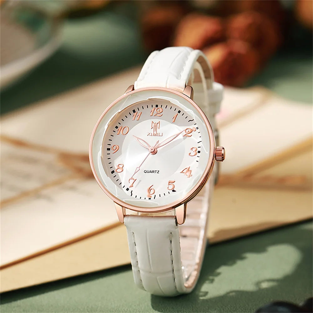 Reloj de mujer sencillo con números arábigos, reloj de cuarzo, moderno, de cuero rosa, para señora, reloj de pulsera de negocios